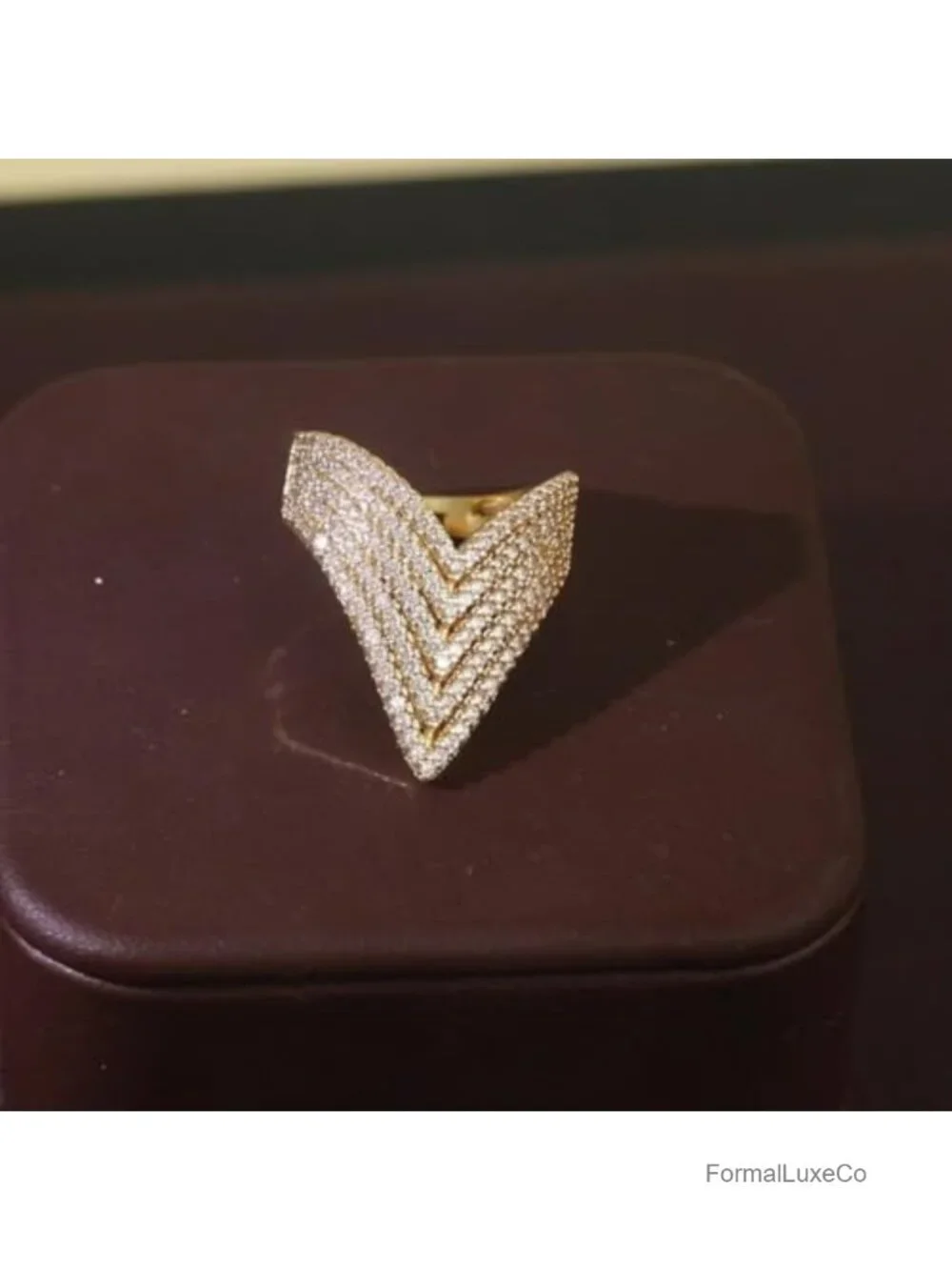 V Shape CZ Crystal Ring Gold Adjustable Open Band Wedding Engagement Statement